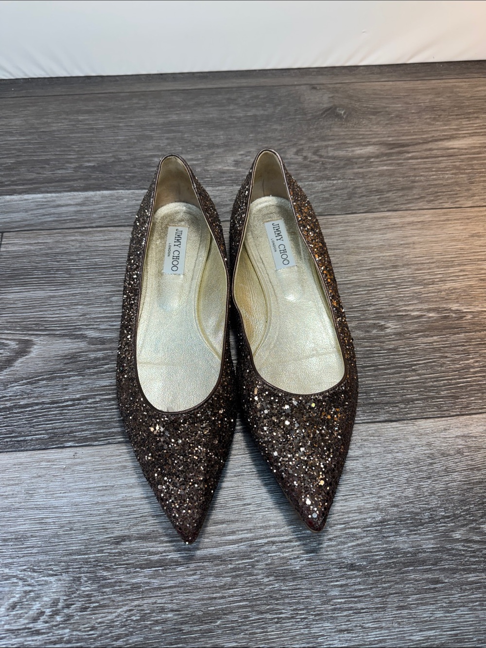 Jimmy Choo Brown Glitter Pointed Ballet Flats woman’s SZ 10 (h207)